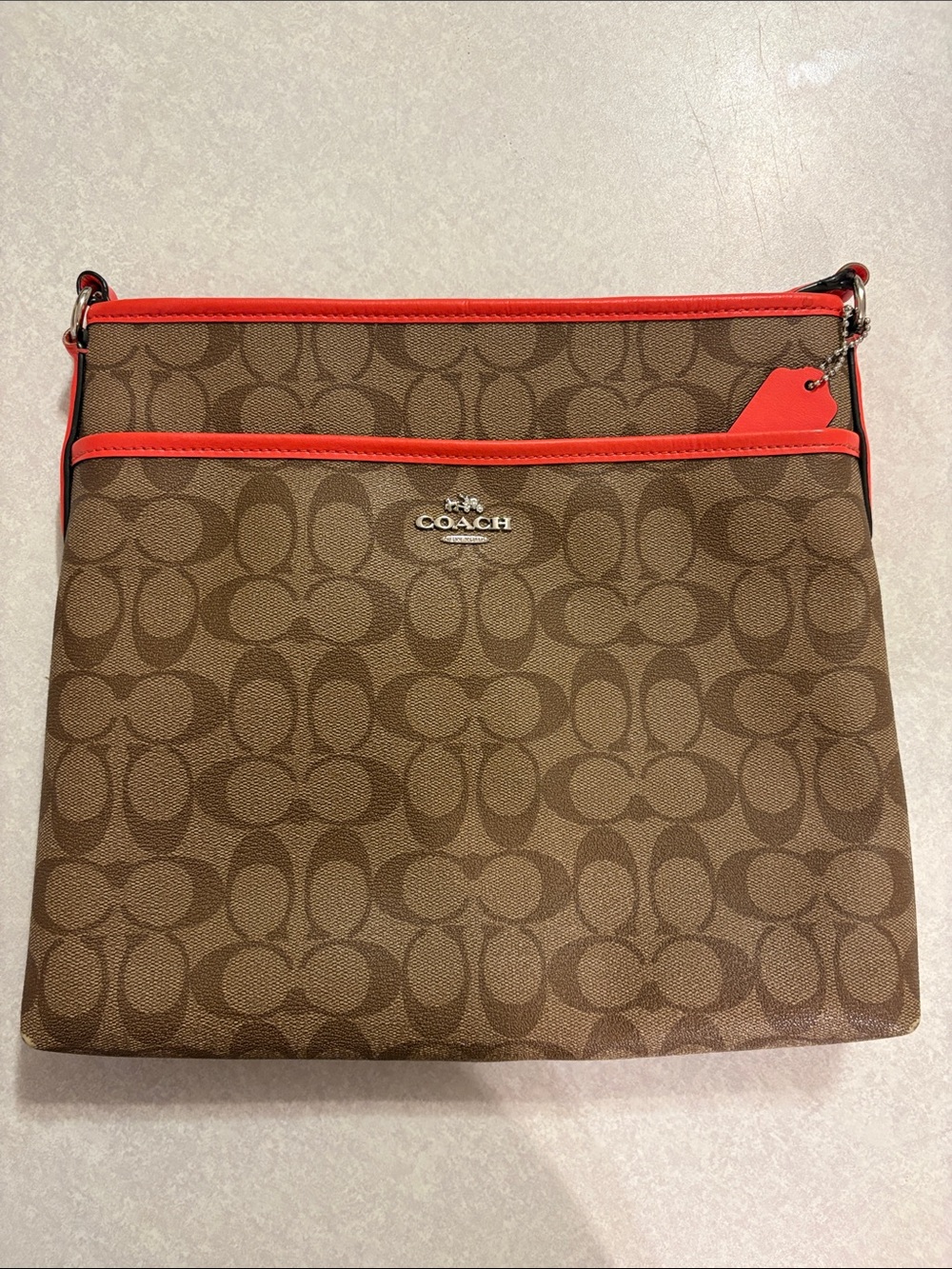 Coach Brown Signature Crossbody with Coral Trim